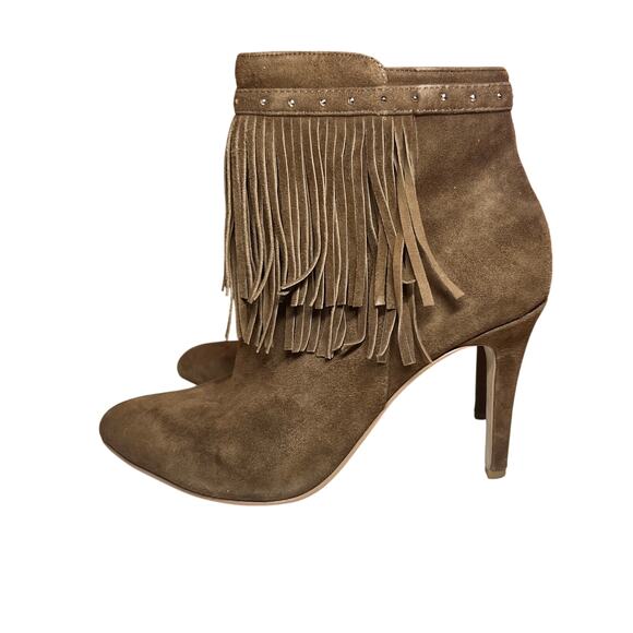 WHITE HOUSE BLACK MARKET Suede Fringe Brown Ankle Boots Sz 7 Stiletto Sassy Boho - Picture 4 of 12